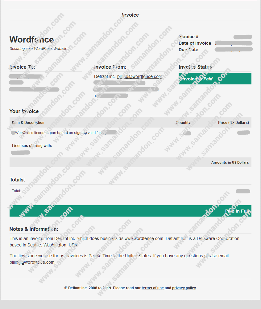 فاکتور خرید اورجینال افزونه Wordfence از وبسایت رسمی وردفنس به عنوان اولین وبسایت در دنیا و ایران