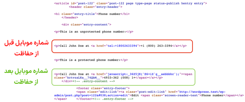 نمونه حفاظت شماره موبایل توسط افزونه رمزگذاری آدرس های ایمیل پرمیوم