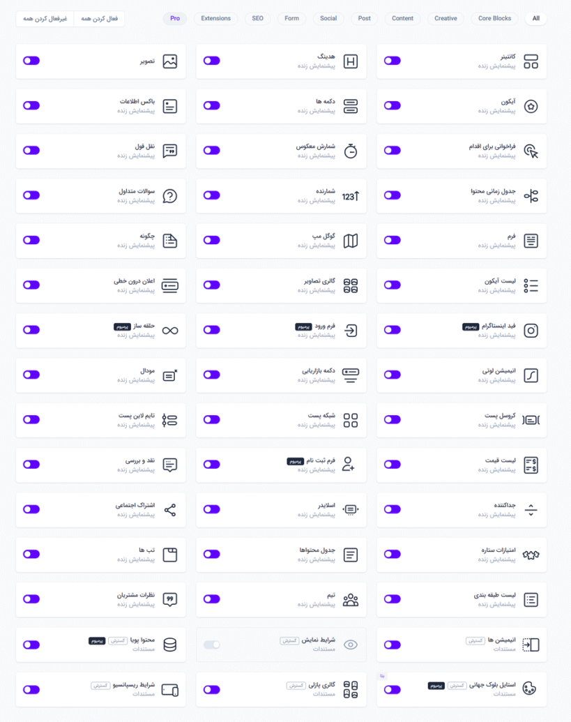 کلیه بلوک های سفارشی در پلاگین Spectra Pro