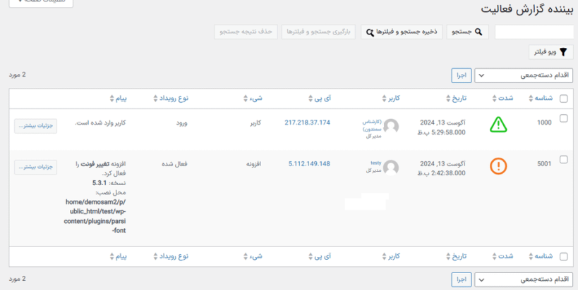 بیننده گزارش فعالیت در افزونه گزارش فعالیت وردپرس پرمیوم