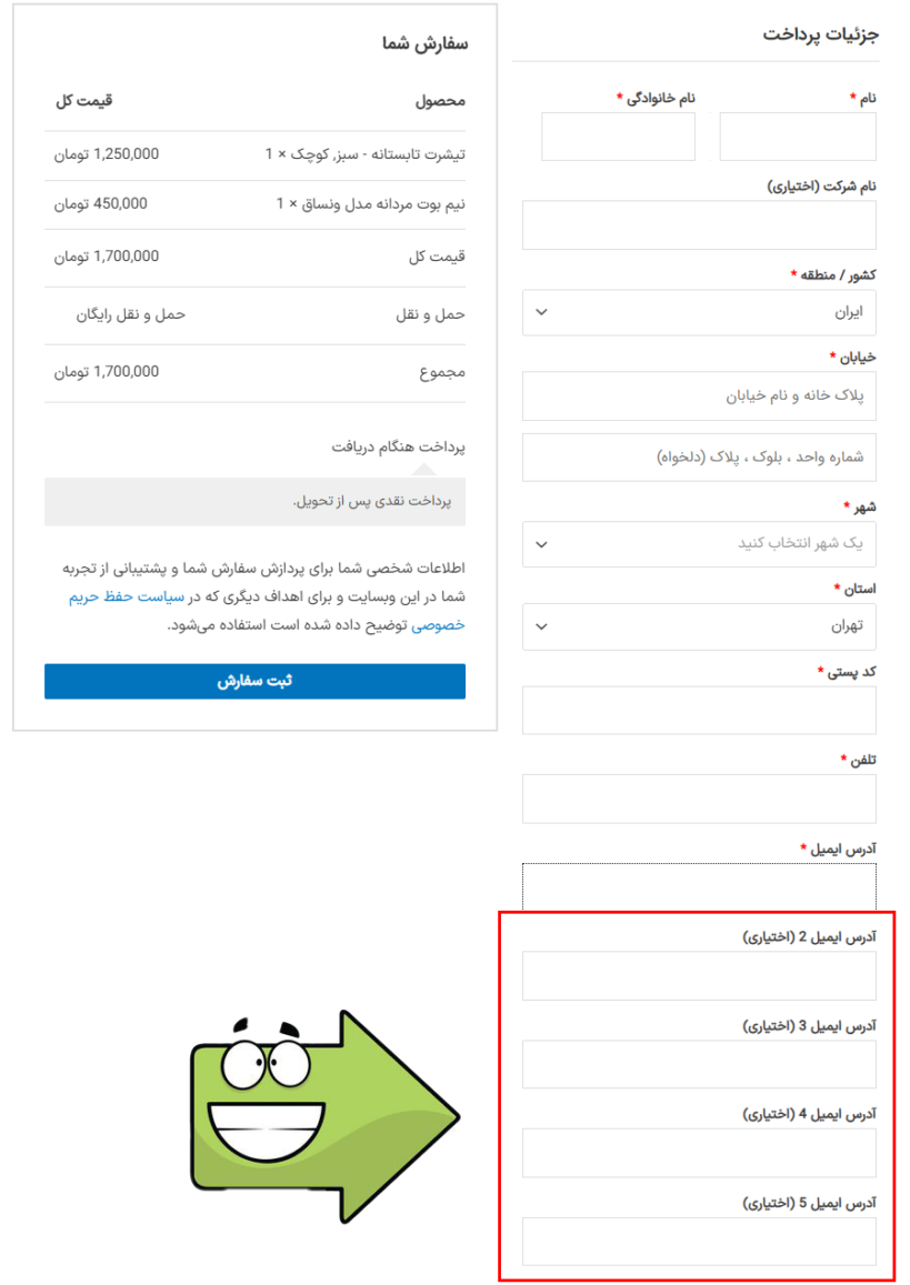 ایمیل های اضافی در افزونه چندین گیرنده ایمیل مشتری برای ووکامرس