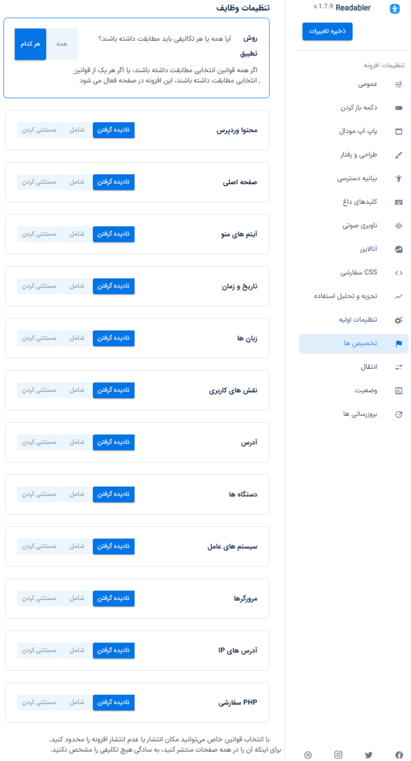 تخصیص ها در افزونه بهبود دسترسی و خوانایی وردپرس