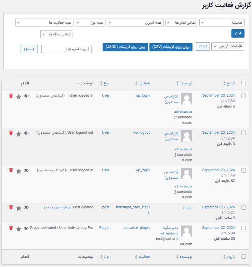 گزارش فعالیت کاربر در افزونه گزارش فعالیت کاربران برای وردپرس پرمیوم