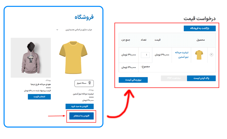 پیش نمایش کاربری افزونه Yith Request a Quote for WooCommerce