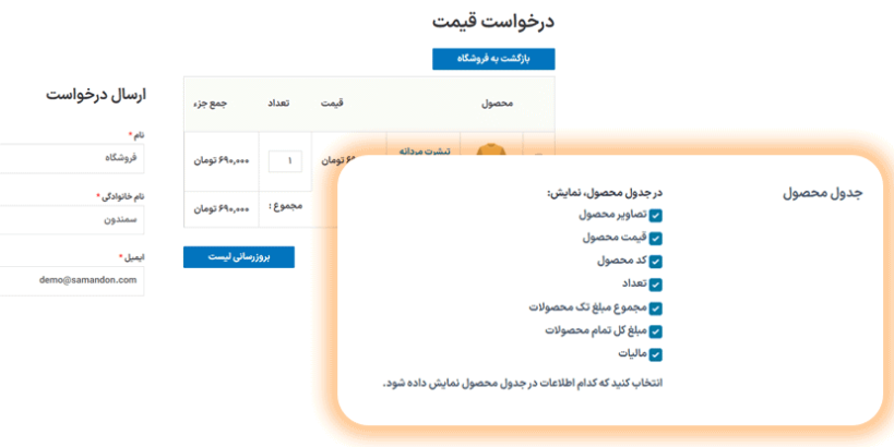 جدول محصول در افزونه درخواست مظنه و قیمت برای محصولات ووکامرس