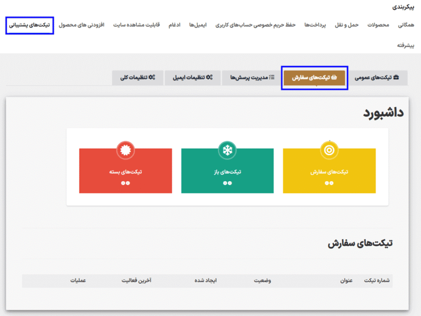 تیکت های سفارش در افزونه Support Ticket System for WooCommerce