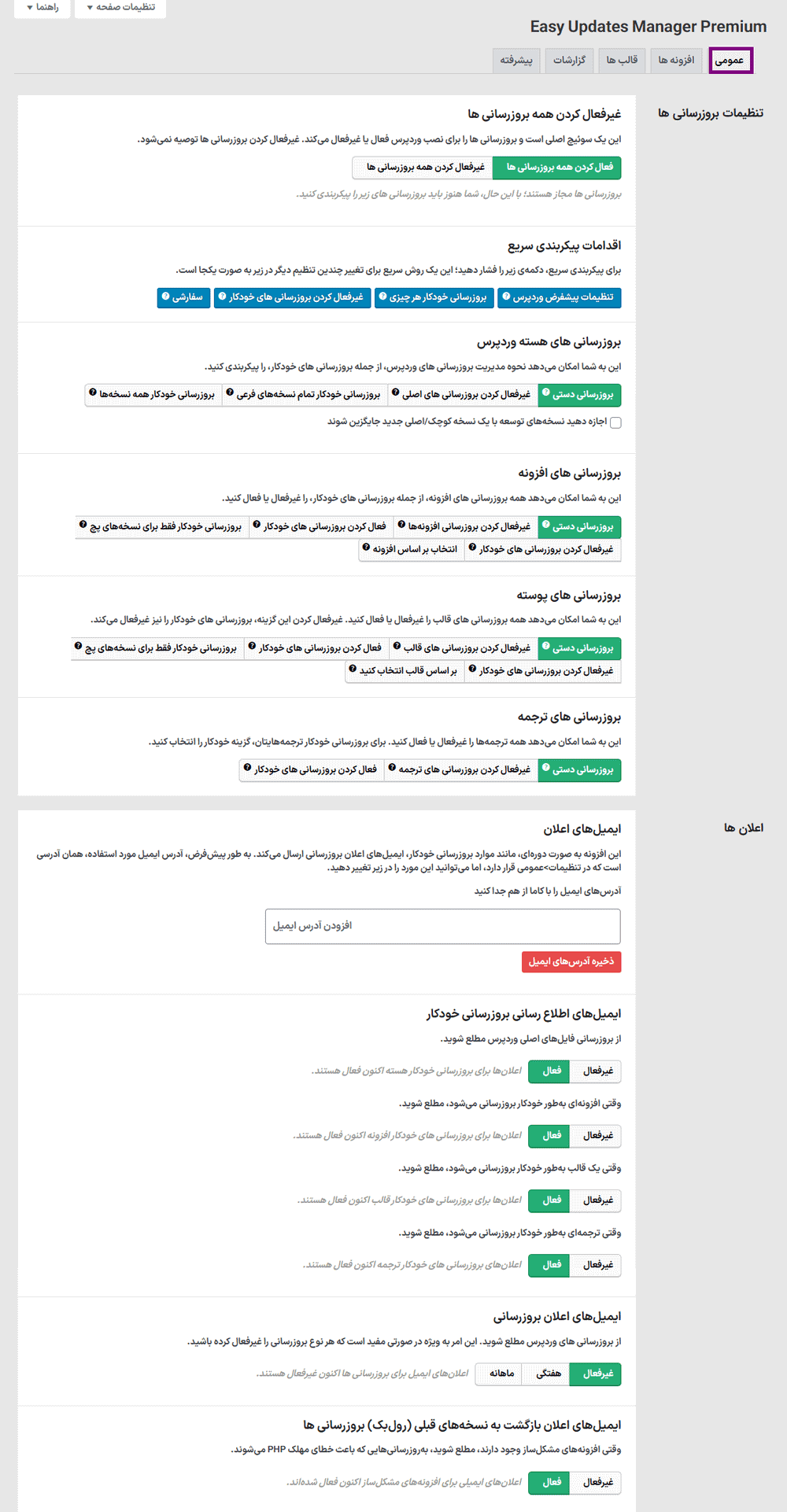 تنظیمات افزونه Easy Updates Manager Premium