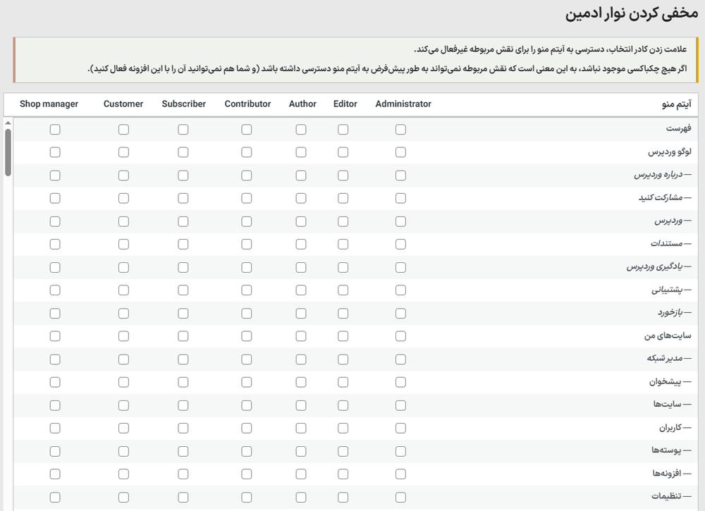 مخفی کردن نوار ادمین در افزونه مخفی کردن منو و نوار مدیریت وردپرس