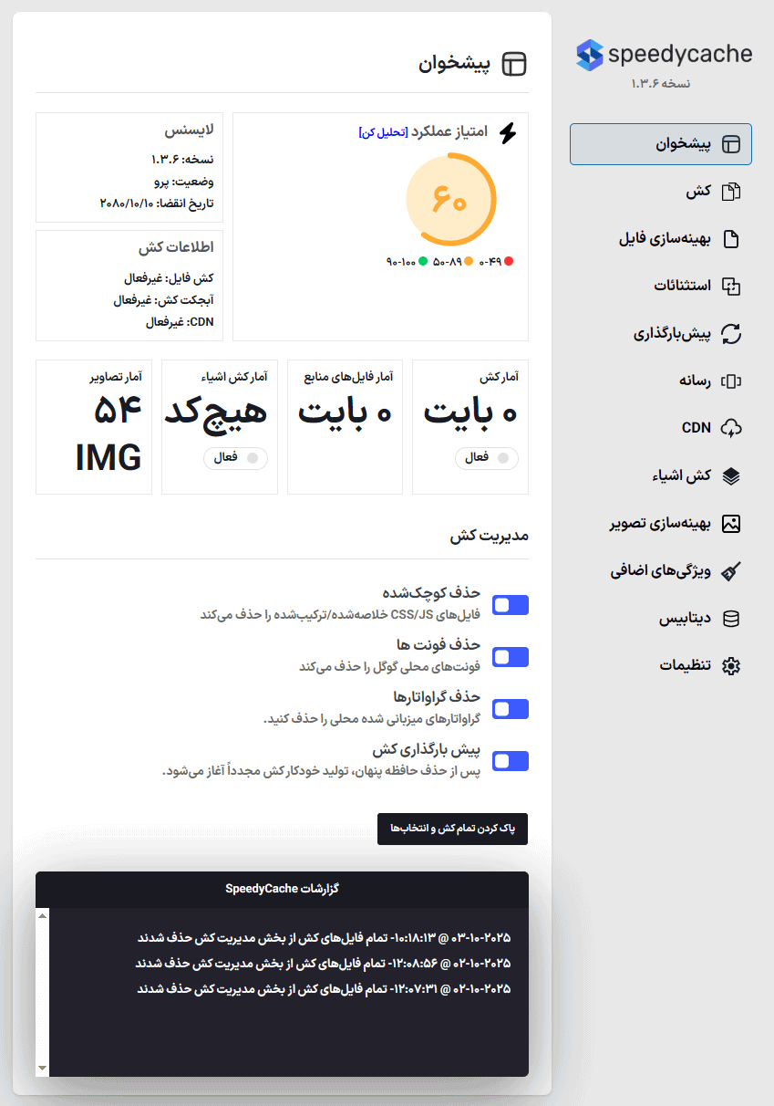 پیشخوان افزونه SpeedyCache Pro