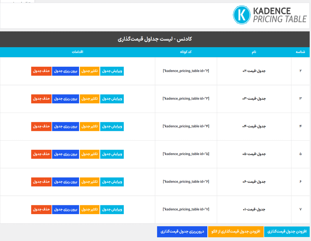 تنظیمات افزونه Kadence Pricing Table