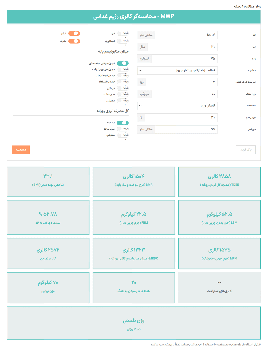 پیش نمایش کاربری افزونه MWP WordPress Diet Calorie Calculator