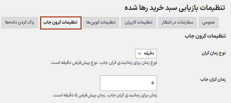 تنظیمات کرون جاب در افزونه بازیابی سبد خرید رها شده برای ووکامرس