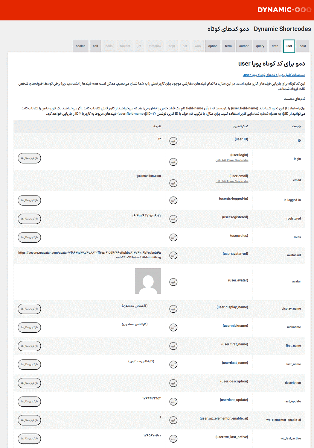 تنظیمات user افزونه کدهای کوتاه پویا برای وردپرس 