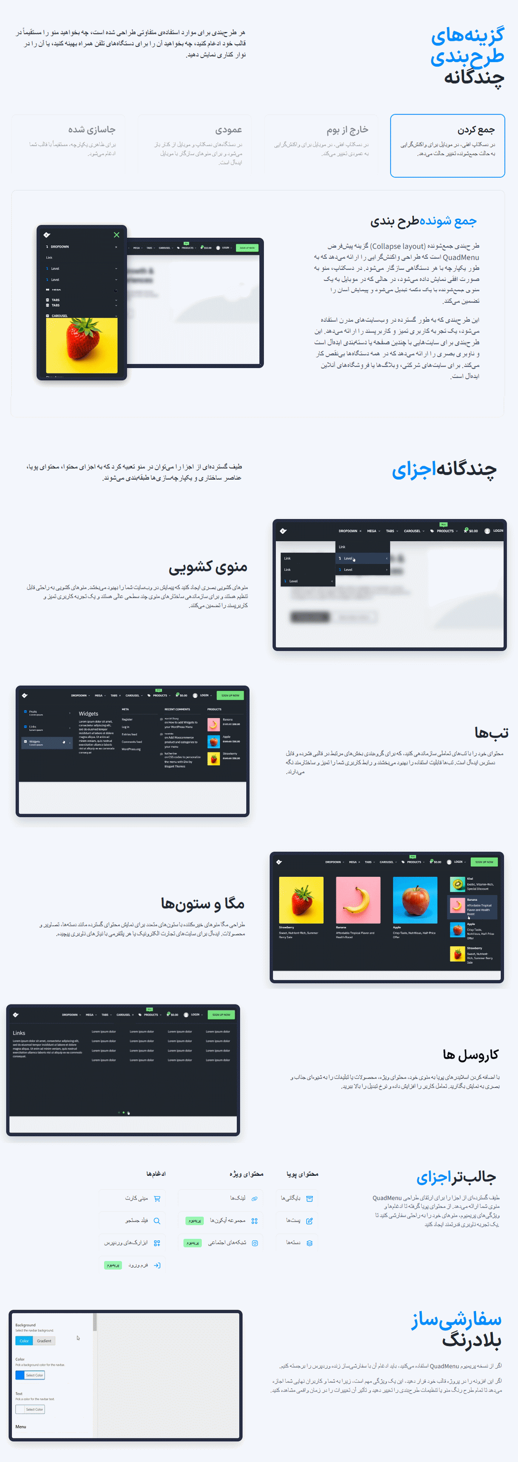 ویژگی های افزونه ساخت مگامنو کواد منو پرو برای وردپرس