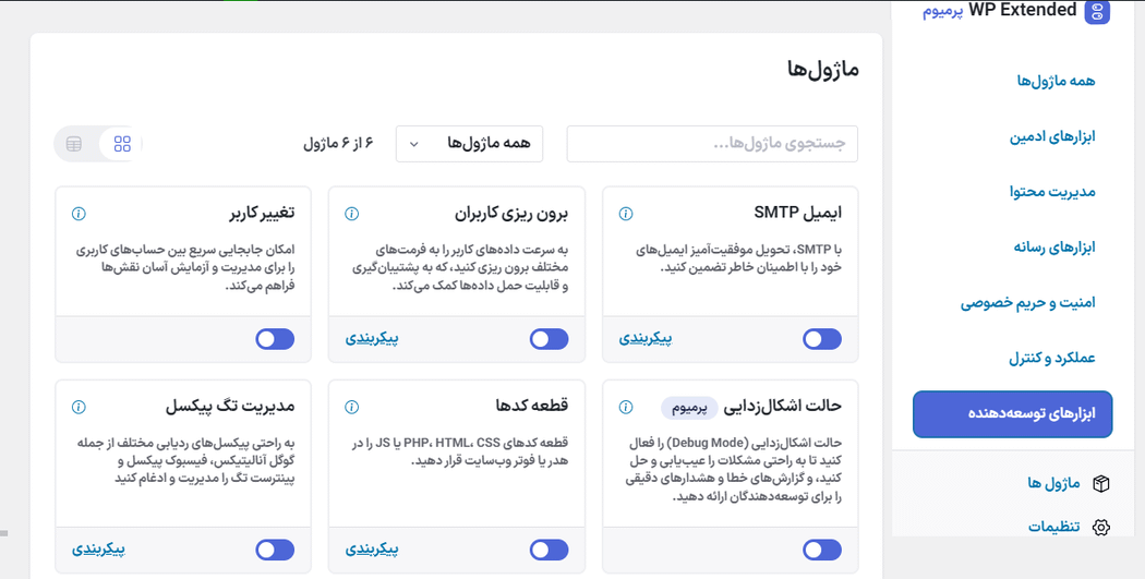 ابزارهای توسعه دهنده افزونه WP Extended Pro